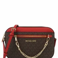 Michael Kors Jet Set Item Signature Large Chain Crossbody Bag - Dark Brown/Red