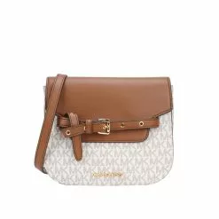 Michael Kors EMILLA Small PVC Presbyopia with leather patchwork Color Women's One Shoulder Cross-body Saddle Bag 35S2GU5C1B VANILLA